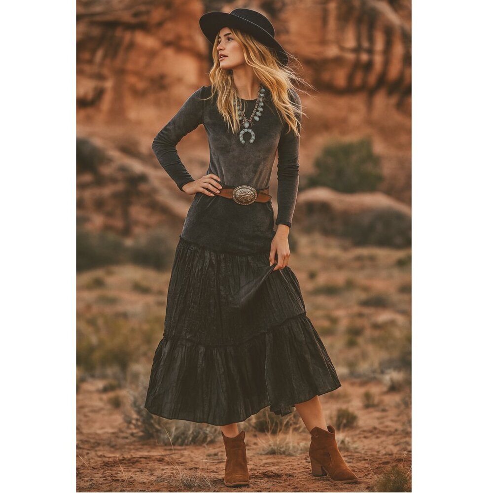 Vintage Y2K Midi Skirt Satin Crinkled Black Broomstick Tiered Goth Western Boho